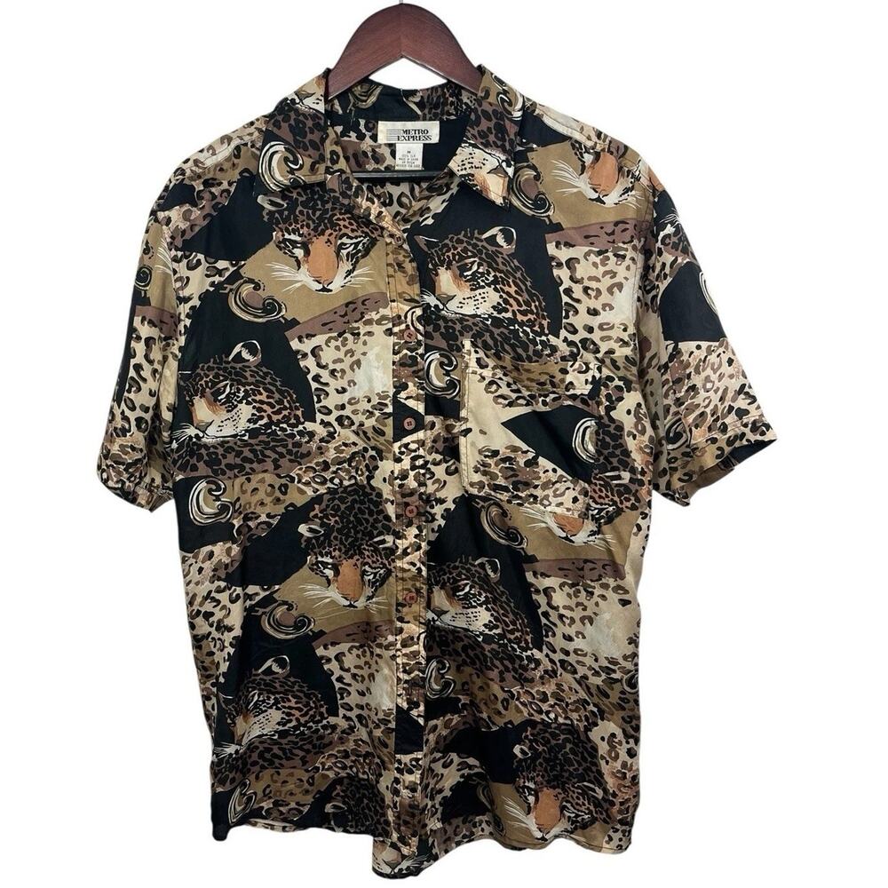 Vtg 100% Silk Animal Print Blouse Medium Brown Women’s Safari Loud Festival